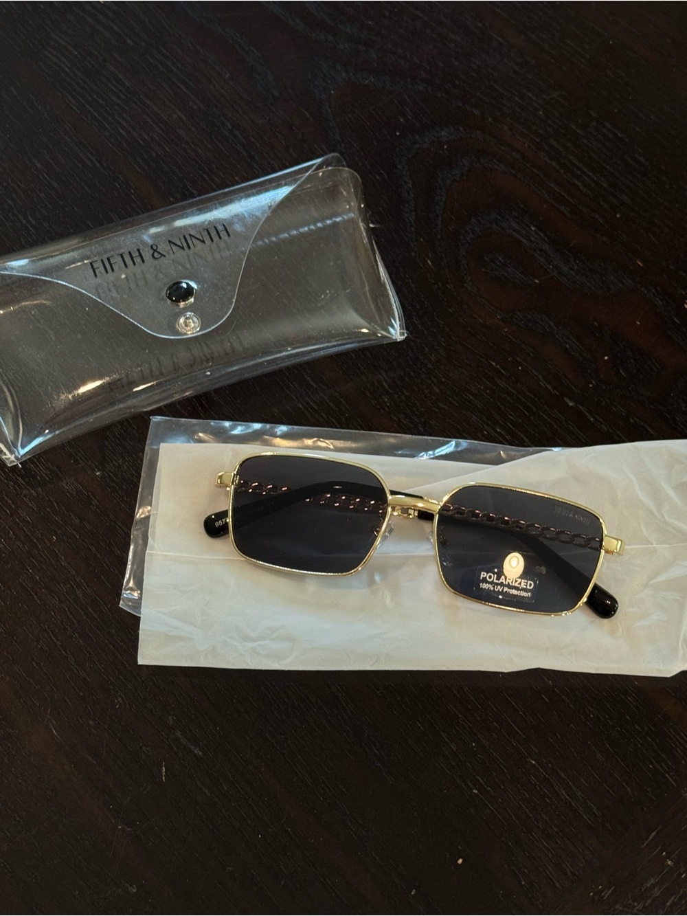 Gold Frame Polarized Rectangle Sunglasses in Black